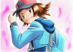  1boy baseball_cap blue_jacket bracelet brown_eyes brown_hair closed_mouth commentary hand_on_headwear hat highres hilbert_(pokemon) hood hooded_jacket jacket jewelry long_sleeves looking_back male_focus oka_mochi pink_background poke_ball_print pokemon pokemon_(game) pokemon_bw red_headwear short_hair smile solo traditional_media upper_body 