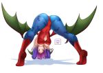 ass boots breasts cameltoe cleavage darkstalkers demon elbow_gloves gloves lena_dai leotard lilith_aensland pantyhose parody purple_hair red_eyes short_hair spread_legs succubus watermark white wings 