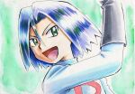  1boy blue_hair green_background green_eyes iwane_masaaki james_(pokemon) male_focus md5_mismatch pokemon pokemon_(anime) portrait smile sparkling_eyes 