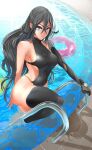  1girl asymmetrical_clothes black_hair blue_eyes breasts character_request commentary_request eyelashes highres large_breasts long_hair looking_at_viewer original pool pool_ladder poolside shindol sideboob solo swimsuit thighhighs thighs very_long_hair 