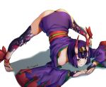  aona_(anagasaki) armor ass bow demon fate/grand_order fate_(series) gloves horns japanese_clothes kimono parody purple_eyes purple_hair short_hair shuten_douji_(fate) signed spread_legs white 