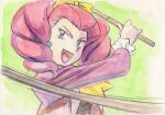  1girl blue_eyes green_background iwane_masaaki jessiebelle_rumika pokemon pokemon_(anime) red_hair smile solo whip 