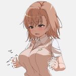  1girl alternate_breast_size bangs blush breasts brown_eyes brown_hair eyebrows_visible_through_hair grey_background large_breasts long_hair misaka_mikoto nerumotto open_mouth school_uniform short_hair simple_background solo sweater_vest toaru_kagaku_no_railgun toaru_majutsu_no_index translation_request upper_body 