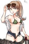  1girl alternate_costume alternate_hairstyle bikini black_shorts breasts brown_eyes brown_hair cleavage commentary_request cowboy_shot eyewear_on_head green_bikini highres kantai_collection large_breasts long_hair looking_at_viewer matsunaga_(haku) ooi_(kancolle) open_clothes open_shirt ponytail shirt short_shorts shorts simple_background solo sunglasses swimsuit thigh_strap torpedo twitter_username white_background white_shirt 