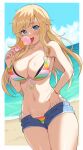  1girl bangs bare_arms bare_shoulders beach bikini blonde_hair blue_eyes blue_shorts border bracelet breasts cleavage collarbone commentary_request day denim denim_shorts eyebrows_visible_through_hair food genmon highres ice_cream idolmaster idolmaster_cinderella_girls jewelry large_breasts long_hair looking_at_viewer multicolored multicolored_bikini multicolored_clothes navel ocean ohtsuki_yui open_clothes open_shorts outdoors outside_border short_shorts shorts side-tie_bikini smile solo stomach swimsuit white_border 