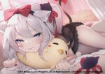  animal animal_ears anthropomorphism aqua_eyes azur_lane bed bird blush bow catgirl close gray_hair hammann_(azur_lane) headband long_hair manjuu_(azur_lane) pajamas panties pokachu see_through tail twintails underwear 