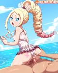  1boy 1girl ass ass_grab beach beatrice_(re:zero) blonde_hair blue_eyes bug butterfly drill_hair highres long_hair looking_at_viewer looking_back penis pussy_juice re:zero_kara_hajimeru_isekai_seikatsu reit reverse_cowgirl_position sex sex_from_behind sidelocks straddling swimsuit symbol-shaped_pupils thighs tongue tongue_out uncensored vaginal veins veiny_penis water 