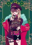  1girl aki_(abblim) arrow_(symbol) belt black_belt black_shirt black_skirt blonde_hair blue_eyes coat cuffs fur-trimmed_coat fur_trim hair_behind_ear hair_ornament handcuffs hat hat_ornament heart highres holding holding_phone jewelry long_sleeves looking_at_viewer medium_hair multicolored multicolored_eyes multiple_rings nail_polish original peaked_cap phone pleated_skirt police police_badge police_uniform red_eyes ring shirt skirt tassel thigh_strap uniform 