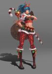  alternate_costume antlers bell blue_eyes blue_hair boots breasts candy candy_cane christmas christmas_ornaments earrings food full_body gas_can hair_ornament jewelry jingle_bell leona_heidern navel pandea_work pants ponytail reindeer_antlers ribbon sack star_(symbol) star_earrings striped striped_pants the_king_of_fighters 