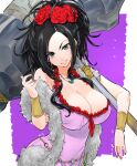  1girl black_hair bracelet breasts cleavage deborah_(dq5) dragon_quest dragon_quest_v dress feather_boa flower green_eyes hair_flower hair_ornament hammer jewelry large_breasts looking_at_viewer necklace pink_dress ponytail rose simple_background solo tachikawa_negoro weapon 