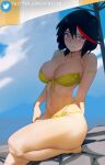  1girl arm_behind_back atric18 bikini black_hair blue_eyes blue_sky blush breasts closed_mouth cloud collarbone commentary day front-tie_bikini front-tie_top hair_between_eyes halter_top halterneck highres kill_la_kill large_breasts looking_at_viewer matoi_ryuuko multicolored_hair navel outdoors red_hair short_hair sitting sky solo strapless streaked_hair swimsuit thighs twitter_logo twitter_username two-tone_hair web_address wet yellow_bikini 