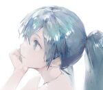  1girl aqua_eyes aqua_hair aqua_nails arm_support bloom commentary from_side hatsune_miku head_rest highres lips long_hair looking_up nail_polish profile smile solo twintails vocaloid white_background yyb 