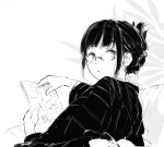  1girl back_bow bangs black_hair black_kimono book bow couch folded_ponytail glasses greyscale japanese_clothes kimono krita_(medium) looking_at_viewer looking_back monochrome open_book original short_hair sitting sketch tomato_(potato) white_background yukata 