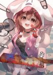  1girl :d absurdres animal_ears animal_hands animal_hood bangs bare_shoulders black_choker black_shirt blood blood_on_face blood_on_hands blood_on_weapon blue_shorts blush breasts brown_eyes brown_hair checkered checkered_floor choker cleaver commentary_request dog_hood fake_animal_ears fake_tail feet_out_of_frame from_above hair_between_eyes hand_up hatchet highres holding hololive hood huge_filesize inugami_korone jacket kaoswald long_hair long_sleeves looking_at_viewer microphone official_alternate_costume on_chair open_clothes open_jacket open_mouth oriental_hatchet pink_jacket print_shirt puffy_long_sleeves puffy_sleeves shaded_face shirt short_shorts shorts sitting sleeveless sleeveless_shirt smile solo tail thigh_strap virtual_youtuber weapon yandere 