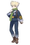  1boy alternate_costume bangs barry_(pokemon) belt belt_buckle black_undershirt blonde_hair boots brown_footwear buckle closed_mouth commentary_request frown full_body green_scarf grey_jacket grey_pants hand_up highres holding holding_poke_ball jacket long_sleeves male_focus orange_eyes pants poke_ball poke_ball_(legends) pokemon pokemon_(game) pokemon_dppt scarf short_hair solo standing taneta transparent_background 