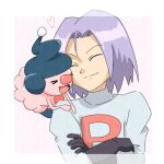  1boy closed_eyes closed_mouth crossed_arms james_(pokemon) male_focus mime_jr. pokemon pokemon_(anime) pokemon_(creature) purple_hair smile taruto0 