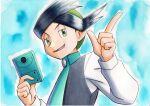  1boy black_hair blue_background buttons commentary_request green_eyes green_hair green_neckwear half-closed_eyes hands_up highres holding long_sleeves male_focus multicolored_hair necktie oka_mochi open_mouth pokemon pokemon_(game) pokemon_dppt pokemon_platinum short_hair smile solo thorton_(pokemon) tongue traditional_media two-tone_hair upper_body 