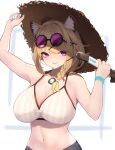  1girl absurdres animal_ear_fluff animal_ears aqua_nails arknights arms_up bangs bikini blonde_hair breasts cleavage crazy_straw drinking_straw eyewear_on_head grey_bikini hair_ornament hat highres holding jewelry large_breasts looking_at_viewer mari0ball medium_hair parted_lips pendant purple-tinted_eyewear purple_eyes smile solo straw_hat striped striped_bikini sunglasses swimsuit tinted_eyewear utage_(arknights) utage_(summer_flowers)_(arknights) vertical-striped_bikini vertical_stripes wristband x_hair_ornament 