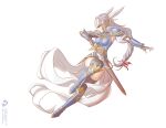  armor armored_boots armored_dress blue_armor boots cleru_(cleruuuuu) helmet highres lenneth_valkyrie long_hair shoulder_armor silver_hair sword thighhighs valkyrie valkyrie_profile weapon winged_helmet 