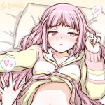  2girls artist_name belly blush clothes_lift hair_spread_out hand_up hands heart long_hair lying magia_record:_mahou_shoujo_madoka_magica_gaiden mahou_shoujo_madoka_magica multiple_girls nanami_yachiyo on_back on_bed out_of_frame pink_hair shirt_lift studiozombie tamaki_iroha thought_bubble upper_body yuri 