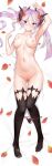  1girl armpits arms_up ass_visible_through_thighs bangs bed_sheet black_legwear blush breasts cleavage cleft_of_venus closed_mouth collarbone cum dakimakura_(medium) eyebrows_visible_through_hair fingernails flower from_above full_body groin hair_between_eyes highres horns long_hair looking_at_viewer lying medium_breasts navel nicx nipples no_shoes nude original panties pantyhose petals purple_hair pussy red_eyes skindentation thighhighs thighs twintails uncensored underwear 