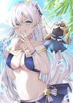  1girl absurdres anastasia_(fate) anastasia_(swimsuit_archer)_(fate) bangs bare_shoulders beach bikini blue_bikini blue_eyes blue_skirt blue_sky blush bow breasts cleavage collarbone doll fate/grand_order fate_(series) funa_(funafuna_001) grin hair_bow hair_over_one_eye hairband highres ice jewelry large_breasts long_hair long_sleeves looking_at_viewer miniskirt necklace ponytail puffy_long_sleeves puffy_sleeves silver_hair skirt sky smile swimsuit very_long_hair viy_(fate) 