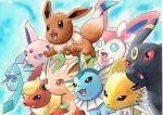  :d blue_background blue_eyes commentary_request eevee espeon evolutionary_line fangs flareon glaceon jolteon jumping leafeon no_humans oka_mochi open_mouth pokemon pokemon_(creature) smile sylveon toes tongue traditional_media umbreon vaporeon 