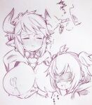  2girls andira_(granblue_fantasy) animal_ears blindfold breast_sucking breasts closed_eyes commentary_request draph erune granblue_fantasy highres horns huge_breasts monkey_ears monochrome multiple_girls nipples open_mouth saliva short_hair sturm_(granblue_fantasy) traditional_media tsukareta_san upper_body yuri 