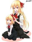  2girls absurdres artist_name ascot black_dress blonde_hair blush bow dress ex-rumia eyebrows_visible_through_hair frilled_dress frills hair_between_eyes highres juliet_sleeves kanta_(pixiv9296614) long_sleeves mary_janes multiple_girls older open_mouth puffy_sleeves red_bow red_eyes red_neckwear red_ribbon ribbon rumia sharp_teeth shoes socks teeth touhou white_sleeves wrist_cuffs 