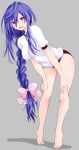  1girl alternate_hairstyle bare_legs barefoot bent_over blue_hair blush braid breasts buruma eyebrows_visible_through_hair full_body grey_background hair_ribbon highres iris_heart iwashi_dorobou_-r- kami_jigen_game_neptune_v long_hair looking_at_viewer neptune_(series) open_mouth power_symbol purple_eyes red_eyes ribbon shadow shirt single_braid smile solo sportswear symbol-shaped_pupils very_long_hair white_shirt 