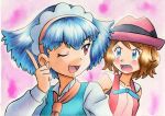  2girls ;d ascot bangs bare_arms blue_eyes blue_hair blue_ribbon blush brown_hair collarbone collared_shirt commentary_request eyelashes hairband hand_up hat headdress highres index_finger_raised long_sleeves miette_(pokemon) multiple_girls neck_ribbon oka_mochi one_eye_closed open_mouth orange_hairband orange_neckwear pink_background pokemon pokemon_(anime) pokemon_xy_(anime) purple_eyes purple_headwear ribbon serena_(pokemon) shirt short_hair sleeveless smile tongue traditional_media vest 