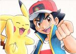  1boy :d ash_ketchum bangs baseball_cap black_hair blue_jacket brown_eyes clenched_hand commentary_request hair_between_eyes hand_up hat highres jacket looking_at_viewer male_focus oka_mochi open_mouth pikachu pokemon pokemon_(anime) pokemon_(creature) pokemon_swsh_(anime) red_headwear shirt short_hair short_sleeves sleeveless sleeveless_jacket smile spiked_hair t-shirt tongue traditional_media upper_body upper_teeth white_background white_shirt 