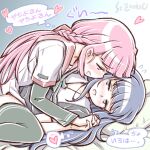  2girls artist_name blue_hair blush braid flying_sweatdrops heart holding_hands interlocked_fingers long_hair lying lying_on_person magia_record:_mahou_shoujo_madoka_magica_gaiden mahou_shoujo_madoka_magica multiple_girls nanami_yachiyo on_side pink_hair school_uniform serafuku smile studiozombie tamaki_iroha yuri 