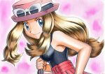  1girl bag bare_arms black_shirt brown_hair closed_mouth commentary_request eyelashes eyewear_on_headwear hair_tie handbag hat holding_strap long_hair looking_at_viewer oka_mochi pink_background pink_bag pleated_skirt pokemon pokemon_(game) pokemon_xy purple_headwear red_skirt serena_(pokemon) shirt skirt sleeveless sleeveless_shirt smile solo sunglasses tied_hair traditional_media white-framed_eyewear 