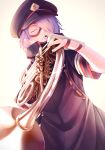 1boy artist_name bangs black_headwear boku_no_hero_academia chikuwa_savy closed_eyes closed_mouth commentary_request cowboy_shot gloves hair_over_one_eye hat highres holding instrument instrument_request male_focus peaked_cap purple_hair shishikura_seiji short_hair short_sleeves simple_background smile solo white_background white_gloves 