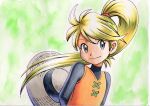 1girl bangs black_undershirt blonde_hair closed_mouth commentary_request eyelashes floating_hair green_background grey_eyes grey_headwear hair_tie hat hat_removed headwear_removed highres long_hair oka_mochi orange_tunic pokemon pokemon_adventures ponytail smile solo tied_hair traditional_media undershirt yellow_(pokemon) 