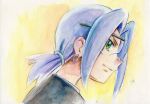  1boy blue_hair earrings glasses green_eyes iwane_masaaki james_(pokemon) jewelry looking_back male_focus pokemon pokemon_(anime) ponytail portrait yellow_background 