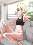  1girl bare_shoulders black_tank_top blonde_hair blue_eyes blush breasts collarbone controller couch covered_nipples erica_hartmann eyebrows_visible_through_hair game_controller highres indoors miyu_(lovesickness) navel on_couch open_mouth panties shiny shiny_hair shiny_skin short_hair sitting small_breasts solo strike_witches sweat tank_top underwear white_panties wii_remote world_witches_series 