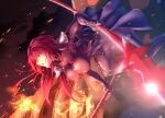  1girl blurry bodysuit breasts depth_of_field dual_wielding dutch_angle embers fate/grand_order fate_(series) from_side gun highres holding kokutou large_breasts leaning_forward lens_flare long_hair open_mouth polearm purple_hair red_eyes scathach_(fate) scathach_(fate)_(all) solo spear thighs waist_cape weapon 