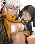  2girls ahoge bangs bikini black_jacket breasts cropped_jacket dark-skinned_female dark_skin fate/grand_order fate_(series) grey_eyes highres hood hooded_jacket jacket kankitsu_kei long_hair long_sleeves looking_at_viewer medium_breasts multiple_girls navel okita_souji_(alter_swimsuit_saber)_(fate) okita_souji_(fate)_(all) orange_scarf rengoku_(fate) scarf shrug_(clothing) smile swimsuit tassel thighs very_long_hair white_bikini white_hair 