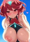  1girl bangs bare_shoulders black_swimsuit blue_sky blush breasts breasts_outside chest_jewel closed_mouth earrings fuya_(tempupupu) jewelry large_breasts looking_at_viewer nipples one-piece_swimsuit pyra_(pro_swimmer)_(xenoblade) pyra_(xenoblade) red_eyes red_hair red_swimsuit short_hair sky smile solo swept_bangs swimsuit tiara two-tone_swimsuit xenoblade_chronicles_(series) xenoblade_chronicles_2 