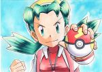  1girl bangs blue_background clenched_hand closed_mouth commentary_request covered_collarbone eyelashes fast_ball fingernails green_eyes green_hair hands_up hat highres holding holding_poke_ball jacket jewelry kris_(pokemon) long_hair long_sleeves looking_at_viewer necklace oka_mochi open_clothes open_jacket poke_ball pokemon pokemon_(game) pokemon_gsc red_shirt shirt smile solo tied_hair traditional_media twintails v-shaped_eyebrows white_jacket yellow_headwear 