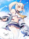  1girl armpits ascot ayanami_(azur_lane) azur_lane bangs belt blue_skirt blue_sky breasts choker cloud cloudy_sky collarbone commentary_request detached_sleeves eyebrows_visible_through_hair greatsword hair_between_eyes hair_ornament hairclip headgear highres long_hair looking_at_viewer machinery midriff navel niki_take ocean orange_eyes parted_lips pleated_skirt ponytail retrofit_(azur_lane) ribbon-trimmed_sleeves ribbon_trim school_uniform seal_(animal) serafuku sidelocks silver_hair skirt sky thighhighs torpedo_tubes turret underboob water_drop white_legwear wide_sleeves zettai_ryouiki 