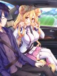  &gt;_&lt; 1boy 1girl black_legwear blonde_hair blue_hair blue_ribbon breasts car_interior commentary_request date_a_live day double_bun eyebrows_visible_through_hair hair_between_eyes hair_ornament hair_ribbon highres hoshimiya_mukuro itsuka_shidou large_breasts long_hair looking_at_viewer open_mouth playing_with_own_hair purple_shirt ribbon seatbelt shirt skirt thighhighs tsubasaki twitter_username very_long_hair white_legwear yellow_eyes 