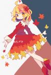  1girl ahoge aki_shizuha arm_at_side autumn_leaves bad_id bad_tumblr_id bangs blonde_hair character_name closed_mouth collared_dress daizu_(melon-lemon) dress eyebrows_visible_through_hair film_grain floating_hair foot_out_of_frame from_behind from_side gradient_clothes gradient_dress gradient_eyes grey_background hair_ornament highres leaf leaf_hair_ornament leg_up long_sleeves looking_at_viewer looking_back maple_leaf multicolored multicolored_background multicolored_eyes no_nose orange_eyes outstretched_arm red_dress red_footwear shoe_soles shoes short_hair sleeve_cuffs solo tan_background tareme touhou walking yellow_eyes 