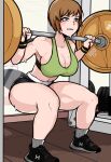  1girl barbell breasts brown_eyes brown_hair cleavage large_breasts navel persona persona_4 satonaka_chie short_hair sieroo solo squatting sweat weightlifting 