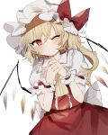  1girl ascot bangs blonde_hair bow closed_mouth cowboy_shot crystal eyebrows_visible_through_hair flandre_scarlet hair_between_eyes hat hat_bow highres looking_at_viewer mob_cap one_eye_closed one_side_up own_hands_together petticoat puffy_short_sleeves puffy_sleeves rainbow_order red_bow red_eyes red_shirt red_skirt shirt short_sleeves simple_background skirt solo sorani_(kaeru0768) standing touhou white_background white_headwear wrist_cuffs yellow_neckwear 