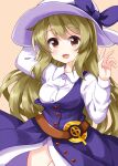  1girl :d bangs blonde_hair blue_dress brown_eyes cowboy_shot dress eyebrows_visible_through_hair hand_on_headwear hat hat_ribbon highres long_hair long_sleeves looking_at_viewer open_mouth purple_ribbon ribbon ruu_(tksymkw) simple_background single_strap smile solo standing touhou watatsuki_no_toyohime white_headwear yellow_background 