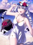 1girl absurdres anastasia_(fate) anastasia_(swimsuit_archer)_(fate) bangs bare_shoulders beach blue_eyes blue_sky blush bow braid breasts cleavage collarbone doll dress dress_swimsuit fate/grand_order fate_(series) flower_wreath hair_bow hair_over_one_eye hairband head_wreath highres large_breasts long_hair looking_at_viewer open_mouth silver_hair sky smile tami_(pixiv73026646) thighs twin_braids very_long_hair viy_(fate) white_dress 