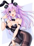  1girl adult_neptune animal_ears bare_shoulders black_legwear blush breasts d-pad d-pad_hair_ornament hair_between_eyes hair_ornament kazuneko_(wktk1024) leotard long_hair looking_at_viewer medium_breasts neptune_(series) one_eye_closed open_mouth pantyhose playboy_bunny purple_eyes purple_hair rabbit_ears rabbit_tail shin_jigen_game_neptune_vii smile tail very_long_hair wrist_cuffs 